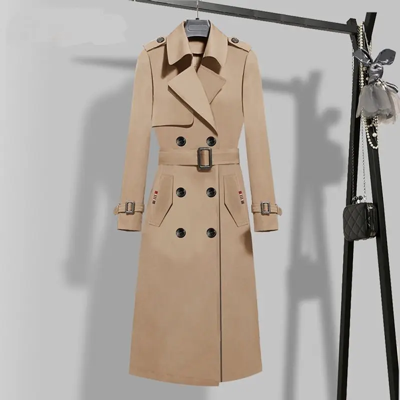

YASUGUOJI New 2022 Spring Fashion Windbreaker Long Trench Coat Women Double Breasted Slim Trench Coat with Belt Female Outwear