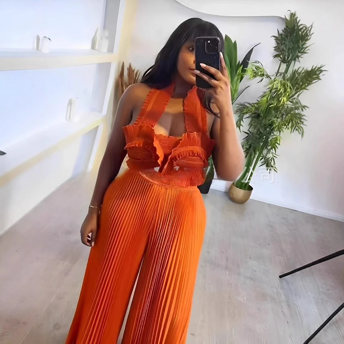 Женский комплект из двух предметов плиссированный топ с V-образным вырезом и юбка