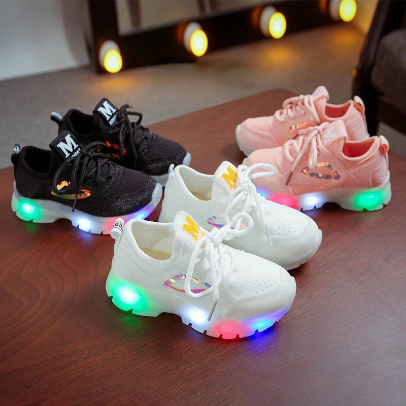 

1-6Y Spring Autumn Children LED Lighted Shoes Elastic Mesh Cloth Boys Girls Sneakers Breathable Sport Shoes Pink Toddler Shoes