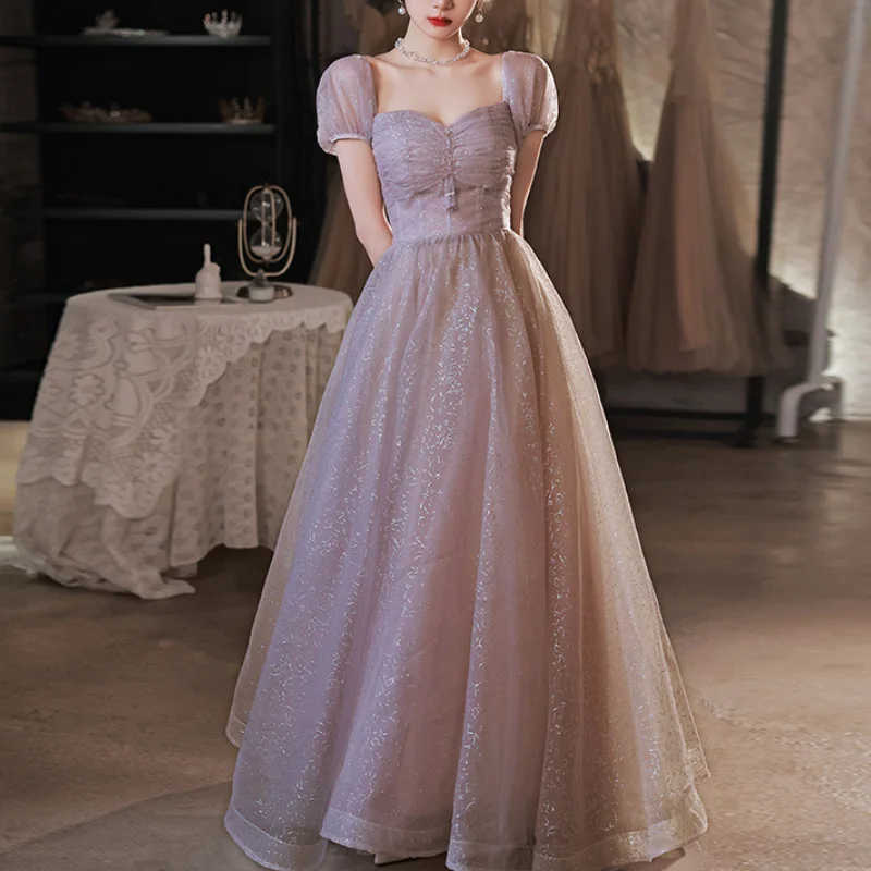 

Bling Slash Boat Women Evening Dresses Elegant Expose Clavicle Square Collar Wedding Party Dress Puff Sleeve Slim Waist Robe