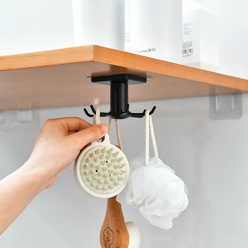 

6 Claw 360° Rotated Kitchen Hooks Self Adhesive Hook Handbag Clothes Ties Bag Home Hanging Rack Bathroom Rotatable Storage Rack
