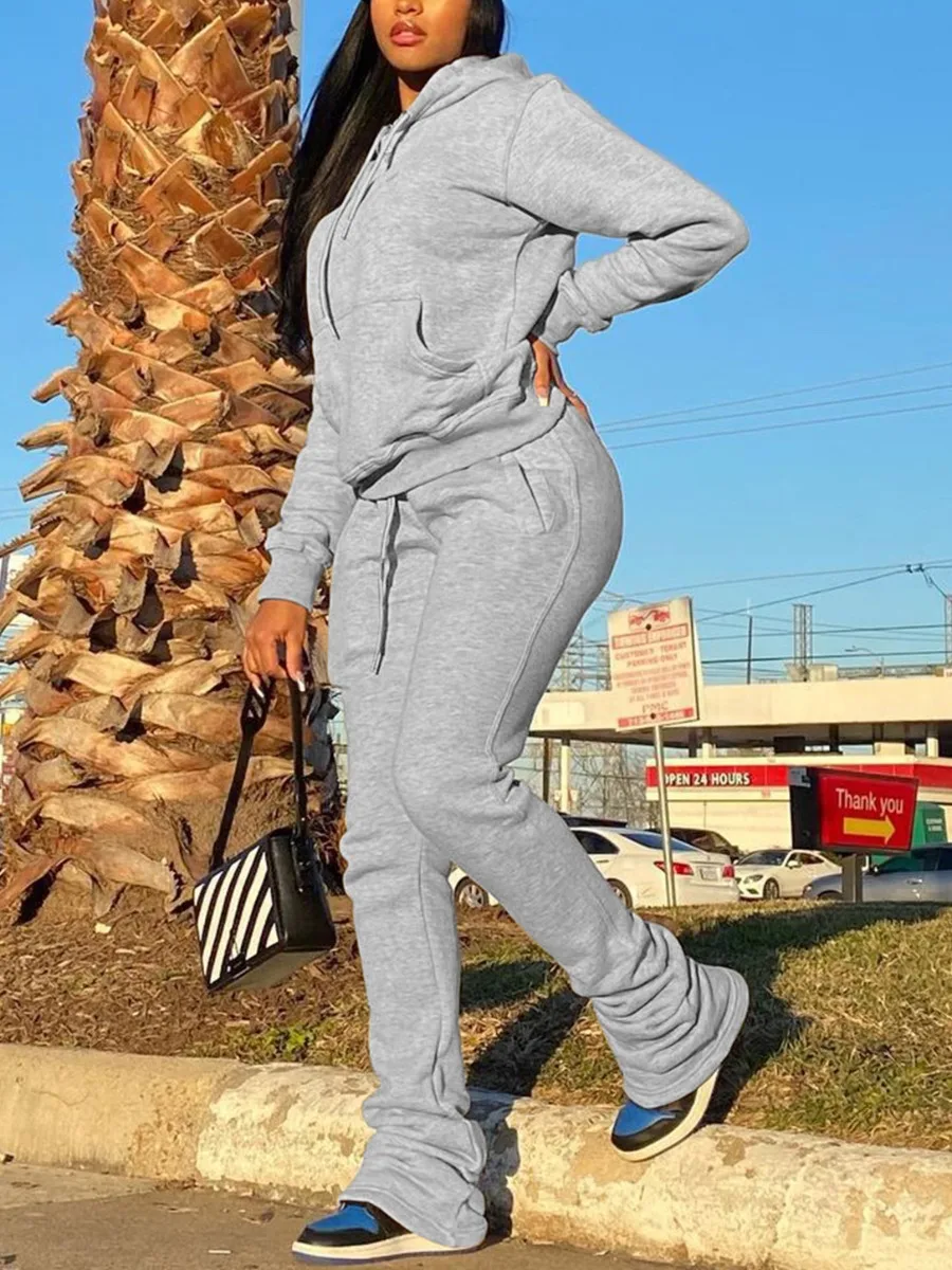 

LW Women Outfit Solid Loose 2 Two Piece Set Streetwear Tracksuit Casual Kangaroo Pocket Drawstring Ruched Stacked Pants Set