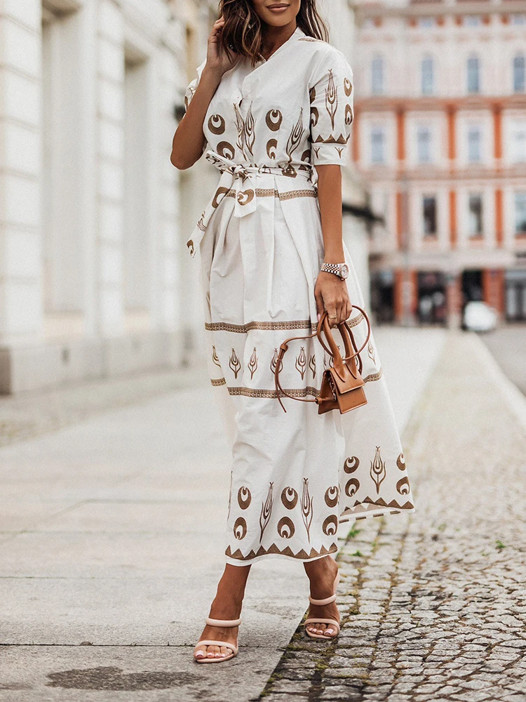 

Women Fashion Pattern Print Party Dress Office Lady Elegant Lace-Up Party Dress Summer Sexy Half Open Collar Loose Shirt Dresses