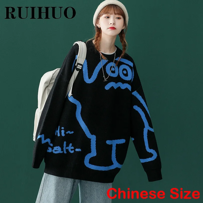 

RUIHUO мультфильм черный свитер женская осенняя одежда Китайский размер ранний пуловер женские топы 2022 осень зима новые поступления