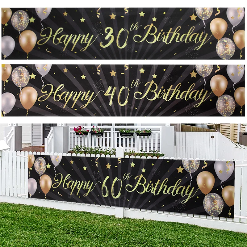 

Black Gold Happy Birthday Banner 30th 40th 50th Birthday Party Decoration Bunting Garland Balloon Flags Anniversary Background