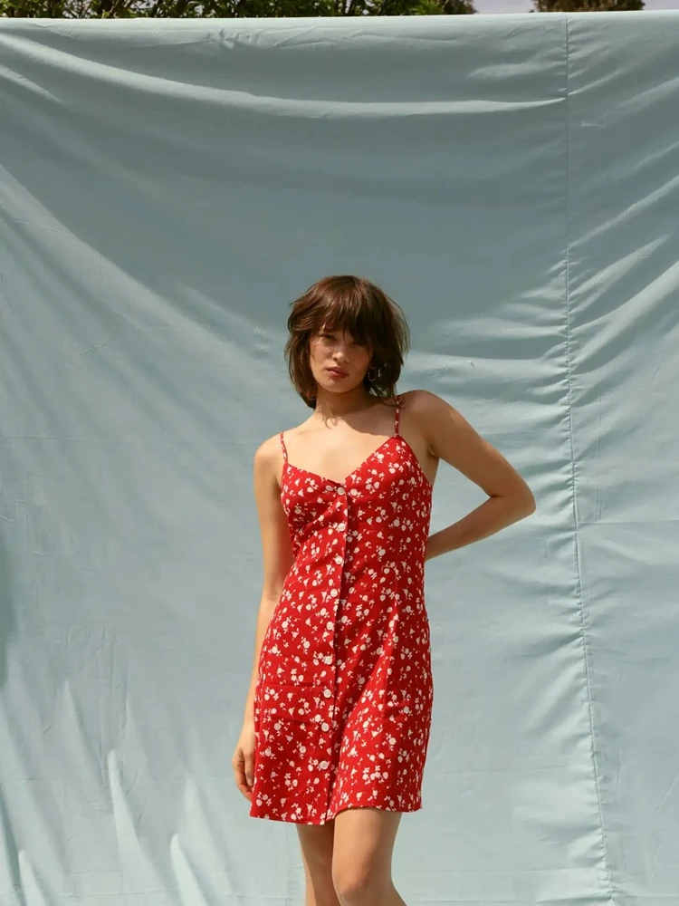 

Women Dress 2022 Spring and Summer New Floral Button V-neck Mini Dress