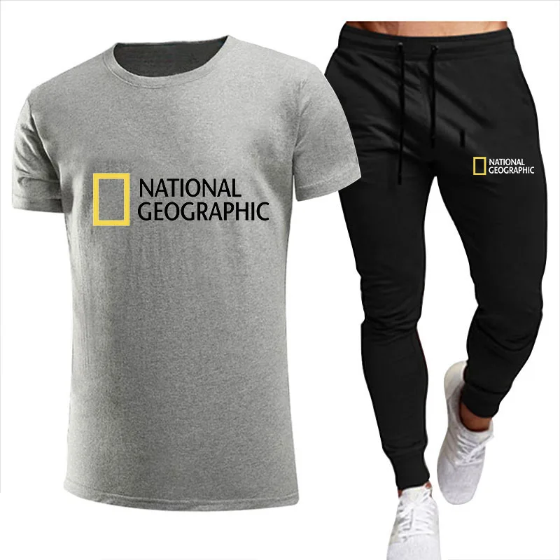 

2023 New Summer Men 100% Cotton T Shirts Pants Nationals Geographics Two Piece Sets Sportswear Suit