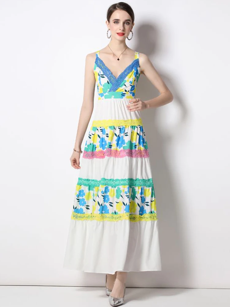 

Banulin 2022 Summer Runway Lace Patchwork Dress For Women V-Neck Sleeveless Colorblock Print High Waist Floor Dress N5012