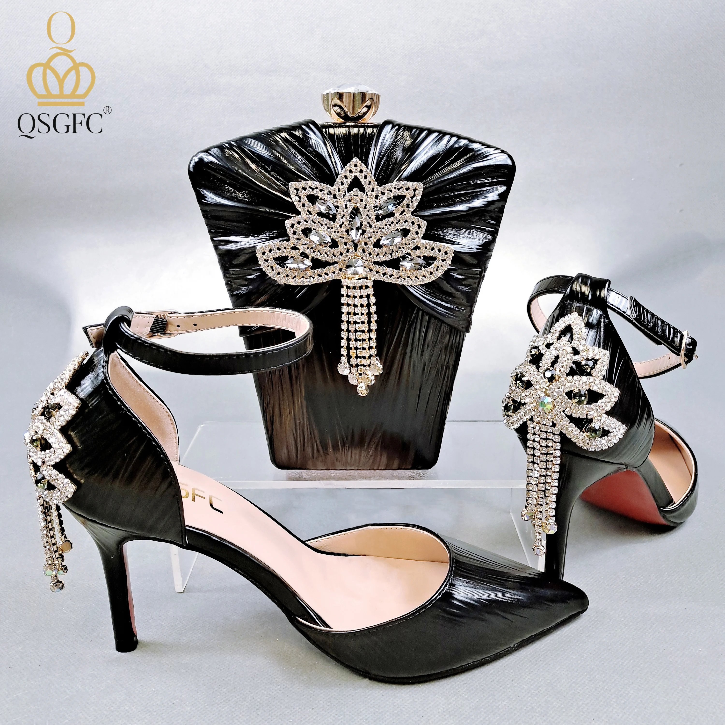 

QSGFC 2022 New Arrival Fashion Crystal Decoration Style Elegant Black Color Party Wedding Ladies Shoes and Bag Set