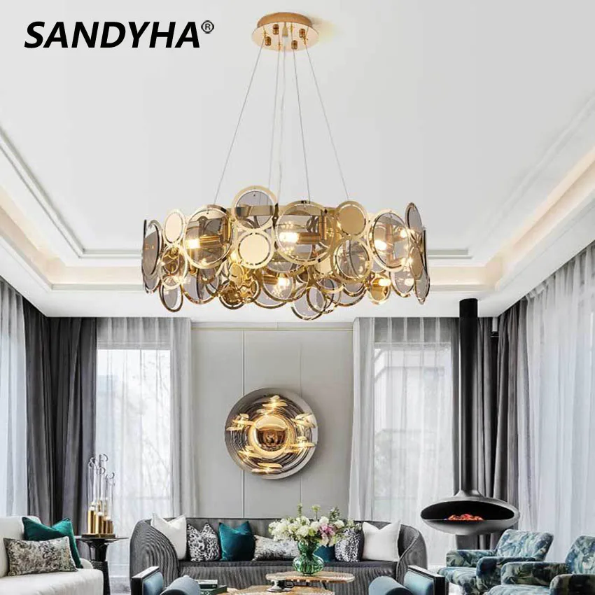 

Роскошные люстры SANDYHA с золотыми кристаллами, подвесной светильник в скандинавском стиле для домашнего декора, Подвесная лампа для гостино...