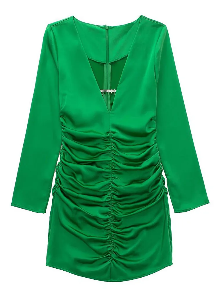 

YLJHQX 2022 New Deep V Neck Sexy Mini Dress Women Long Sleeves Pleated Party Dresses Casual Slim Spring Summer Clothes