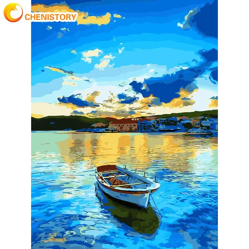 

CHENISTORY 5D Diy Diamond Painting Lake Scenery Handicraft Diamond Painting Wooden Boat Rhinestone Picture Decor Home