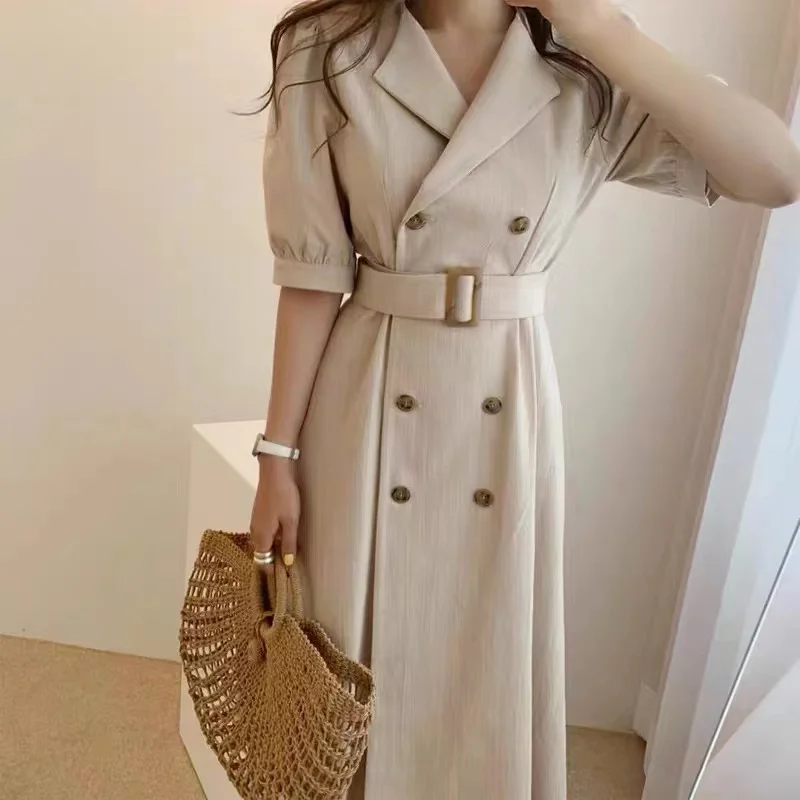 

SuperAen Korean Vintage Suit Collar Long Double Breasted Lace Up Temperament Waist Long Dress