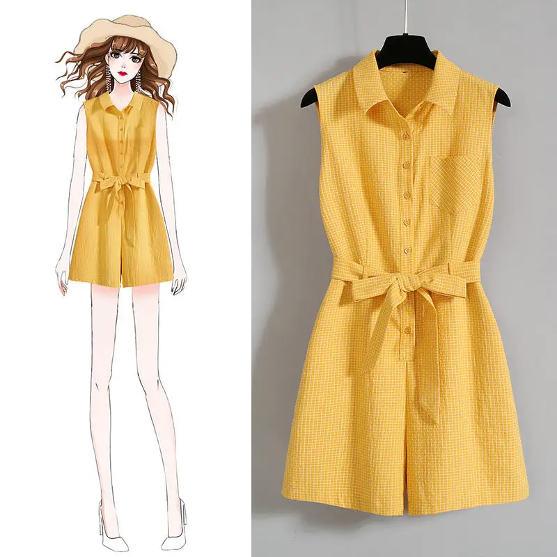 

Women 2022 Summer Clothing New Female Overalls Sleeveless Ladies Plaid Jumpsuit High Waist Playsuit with Belt C60