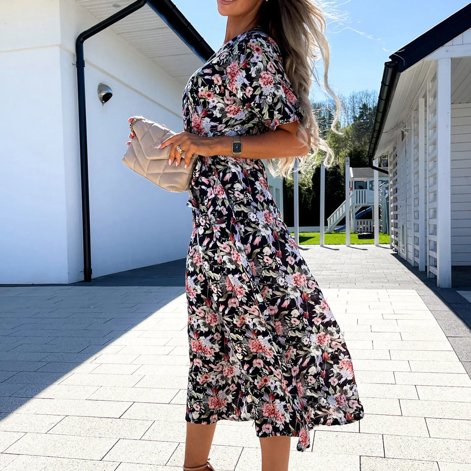 

Fashion Women's Casual V-Neck Neck Waist Tie Printed Midi Dress Elegant Dresses For Women Roupas Femininas Vestidos Mujer