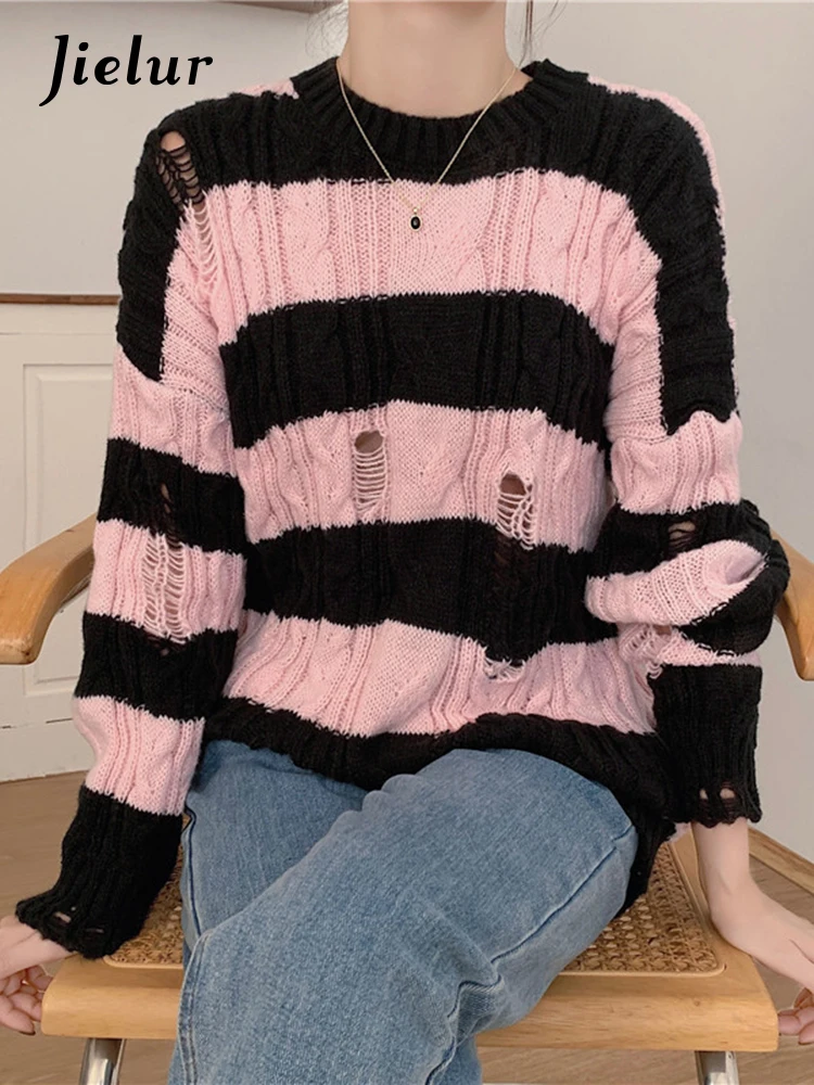 Jielur Женский вязаный свитер Свободный пуловер кофейного цвета с круглым вырезом и