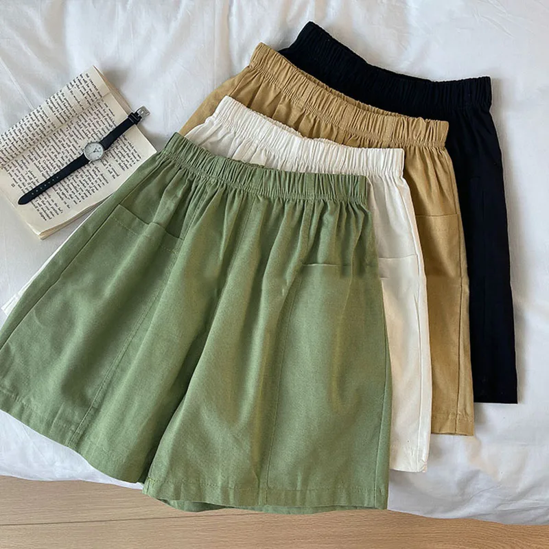 Elastic High Waist Solid  Large Pocket Casual Shorts Woman Summer 2023 New Cotton Breathable Korean Wide Leg Shorts All-match