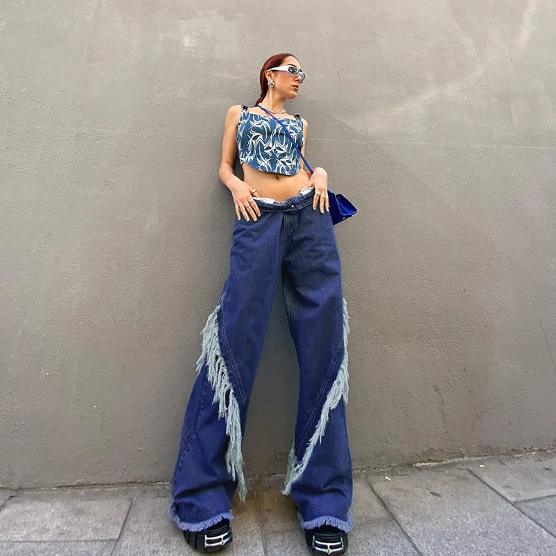 

Patchwork Tassel Jeans Women Clothes 2022 Summer Low Waist Straight Tube Denim Trousers Loose Hip Hop Retro Y2k Streetwear Pants