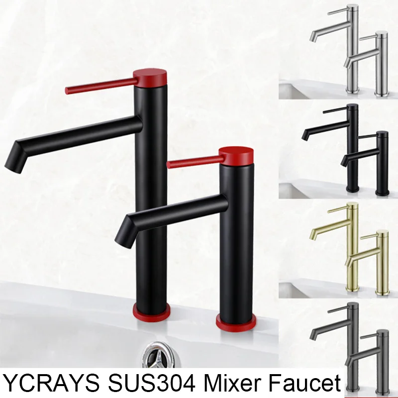 

YCRAYS Black Brushed Gold Wash Basin Faucet For Bathroom Hot Cold Mixer SUS304 Desk Mounted Sink Water Tap Kitchen Accessories