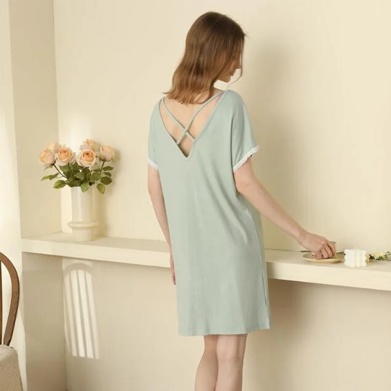 Summer Women Nightdress V-neck Lace Sexy One-piece Sleepwear Short Sleeveless Nightgown