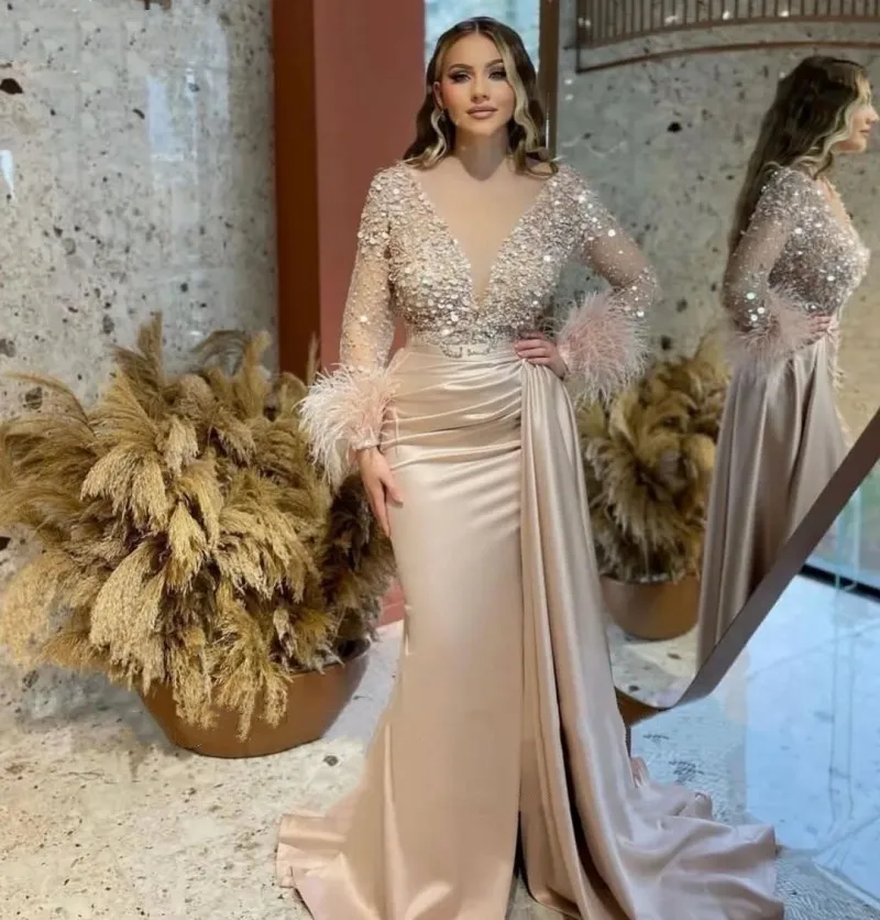 

Luxury Beaded Feathers Prom Dresses Long Sleeves Trumpet Mermaid Champagne Satin Arabic Women Party Evening Gowns 2023