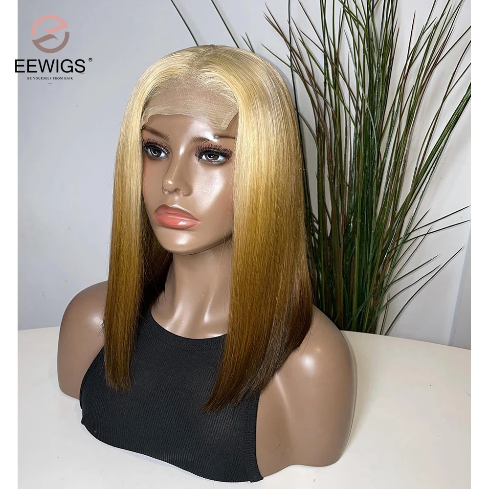 

Synthetic Ombre Honey Blonde Density 180 Straight 16 Inch Short BoB Pixie Cut 13x4 Lace Front Drag Queen Wigs For Women