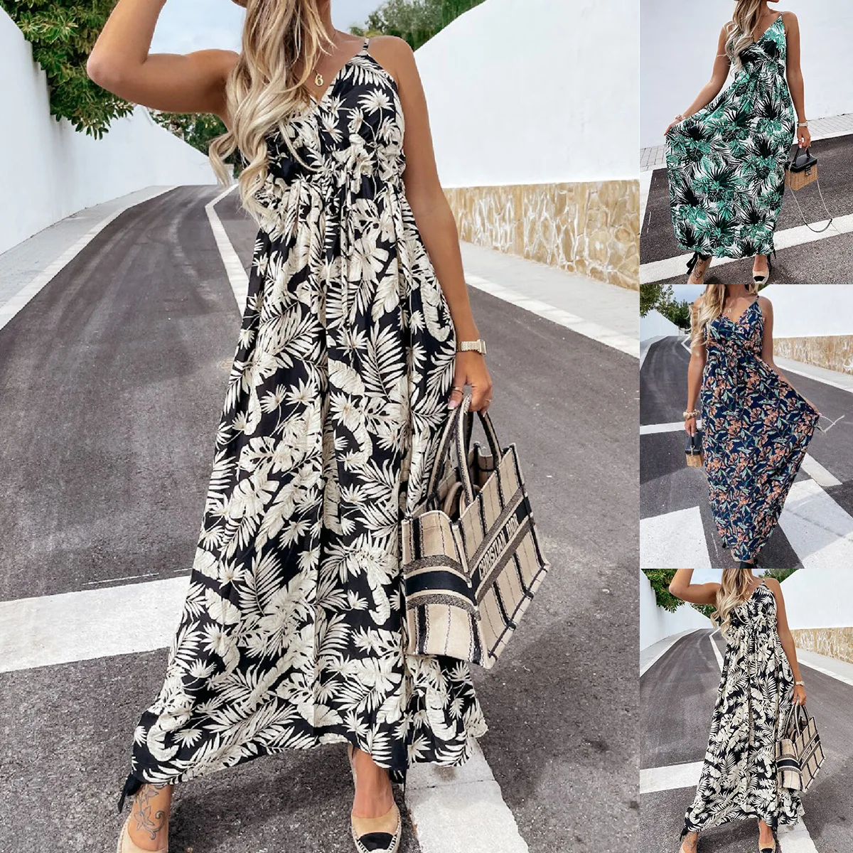 

Woman Dress Summer Sexy Women Spaghetti Strap V-neck Polyester Long Dress