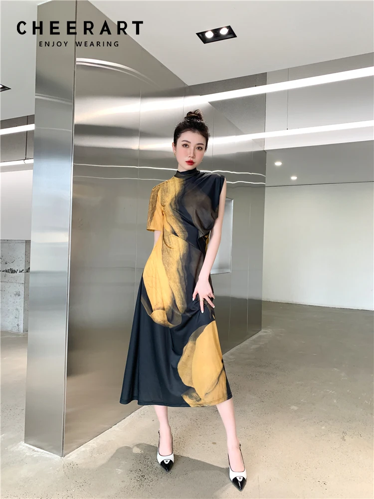 

CHEERART Tie Dye Desinger Long Dress For Women 2022 Summer Short Sleeve Tunics A Line Ladies Midi Dress Runway Fashion