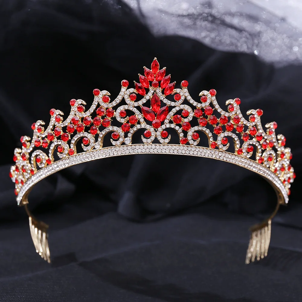 Baroque Vintage Gold Red Green Crystal Bridal Tiaras Rhinestone Pageant Crown With Comb African Indian Wedding Hair Accessories