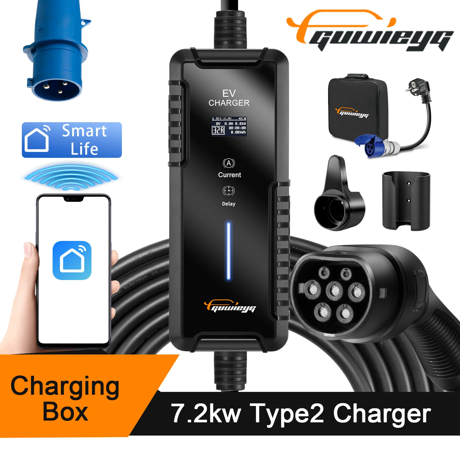 GUWIEYG Type2 Портативное зарядное устройство для электромобилей 7 кВт 1-фазное