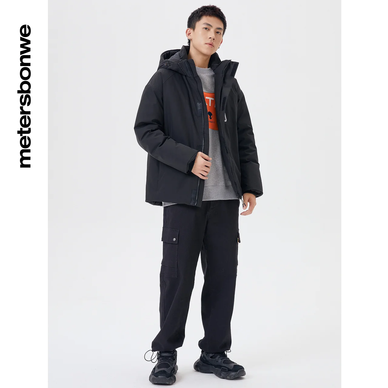 Metersbonwe Men's Thick Waterproof Winter Warm Down Jacket 80% Gray Hooded Duck Down Solid Color Short Down Coat