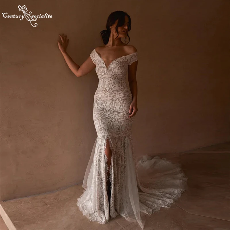 

Boho Lace Wedding Dress for Women Off the Shoulder Slit Bohemian Bridal Gowns Beach Bride Dresses Vestido De Noiva