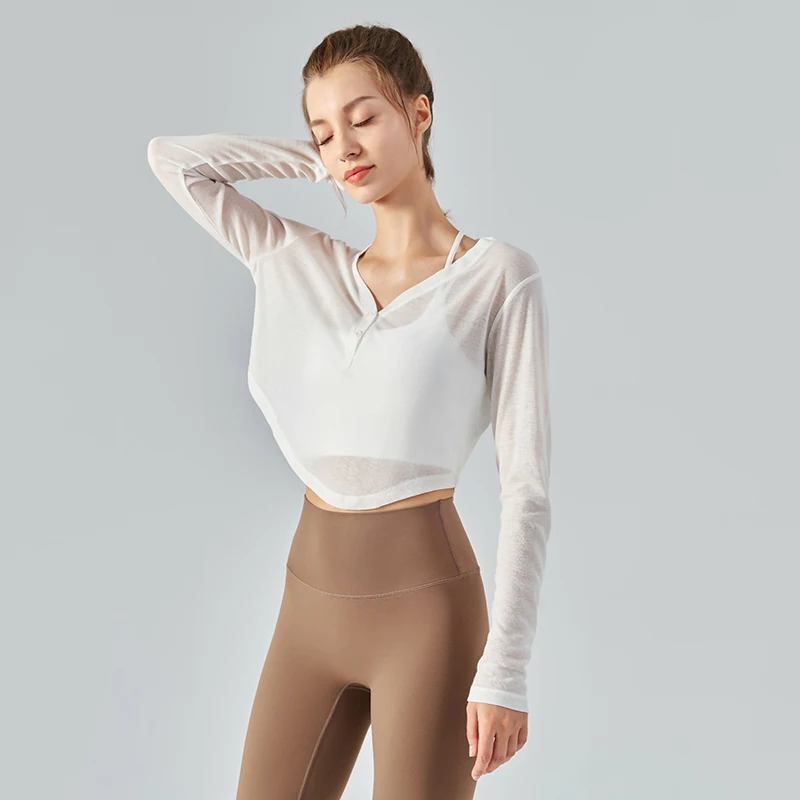 

Quick-dry Button V-neck Sheer Gym Crop Top Women Long Sleeve Yoga Shirts See Through Blouse Running T-shirt Workout Clothes
