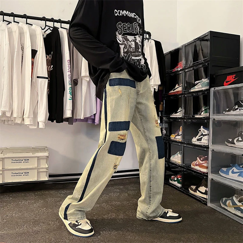 Summer Blue Ripped Baggy Jeans Men Fashion Casual Hole Straight Jeans Men Streetwear Hip Hop Loose Denim Pants Mens Trousers