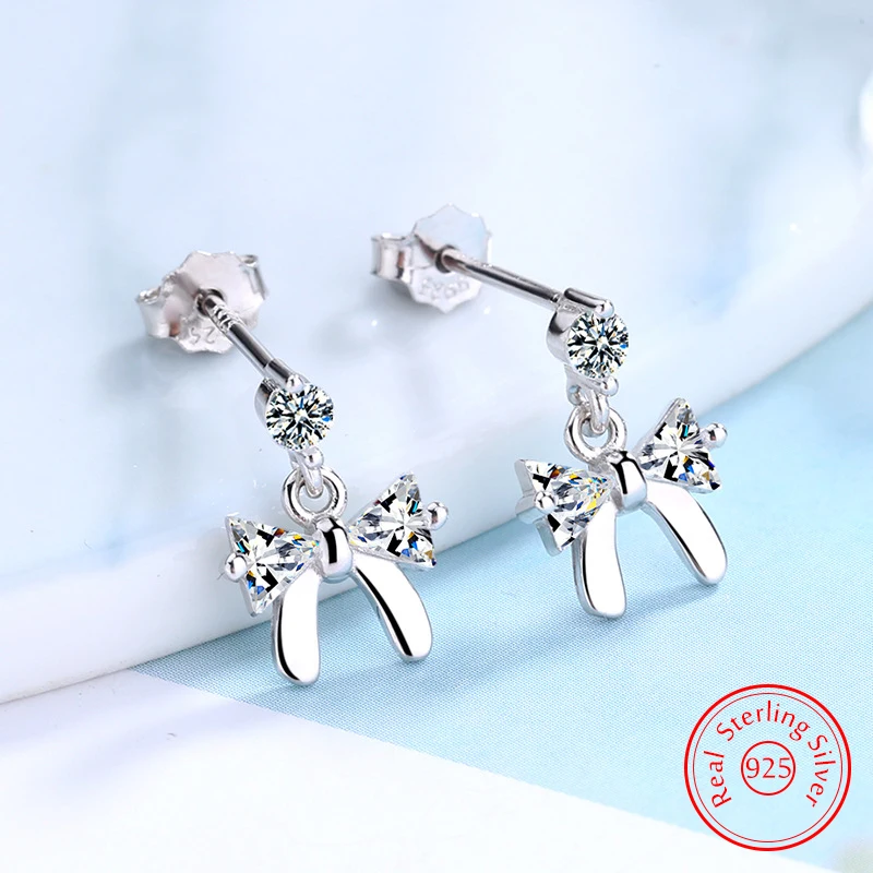 

925 Sterling Silver New High-quality Fashion Crystal Jewelry Bow Stud Earrings For Women XY0292