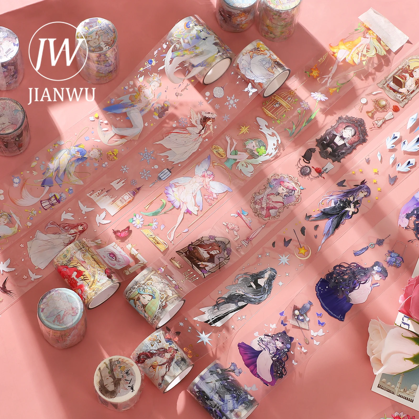 

JIANWU 300cm Beautiful Girl PET Transparent Washi Tape Cartoon DIY Journal Collage Scrapbooking Kawaii Stationery Masking Tapes