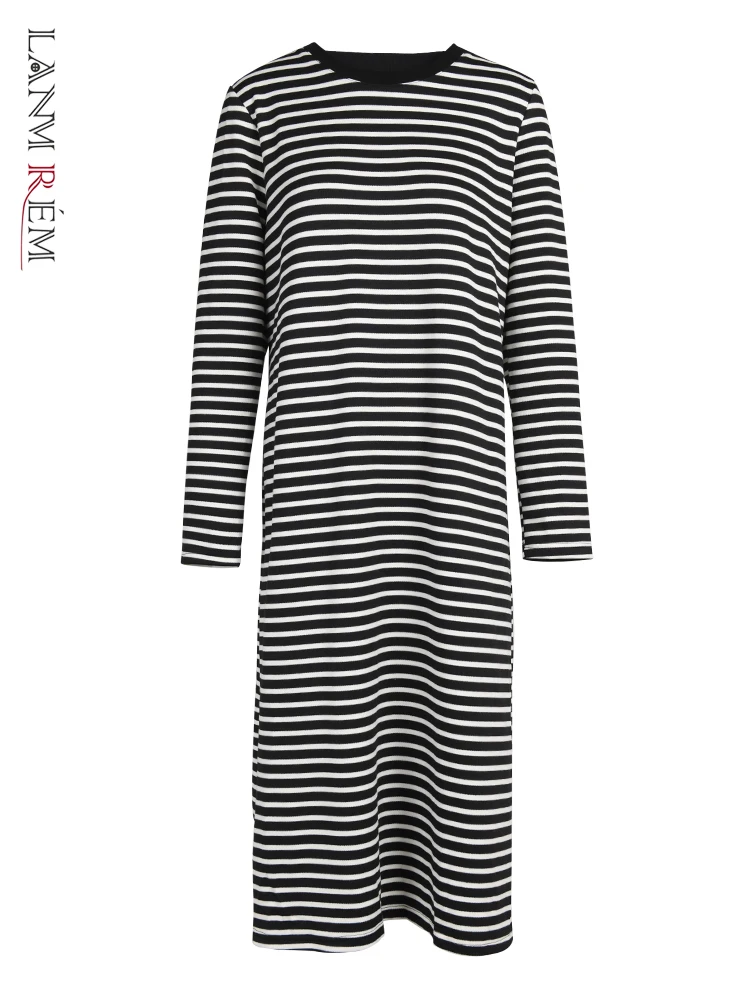 LANMREM Designer Striped Dress For Women Round Neck Long Sleeves Fashion Backless Dresses Female Clothing 2023 New 2YA1177