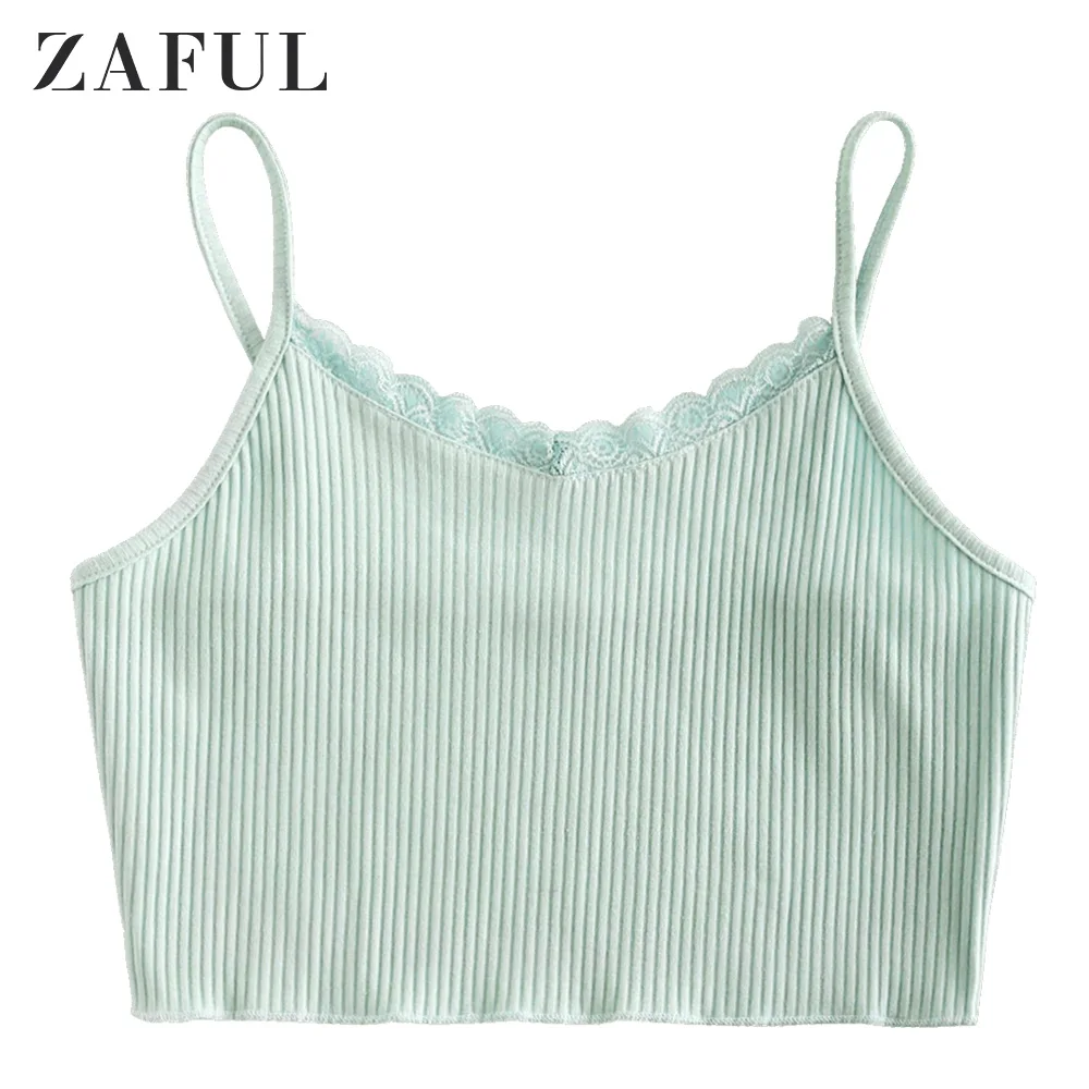 

ZAFUL Lace Trim Crop Fitted Cami Top Skinny Top Bar Streetwear Sexy Women Outwear Two-Piece Separates