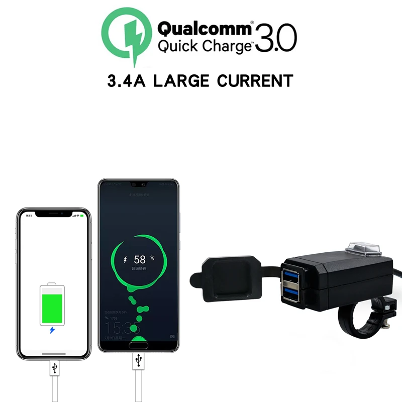 

Motorcycle QC3.0 USB Charger Waterproof Dual USB Moto Quick Change QC 3.0 Fast Charging 12-24V for motocicleta 22mm Handlebar