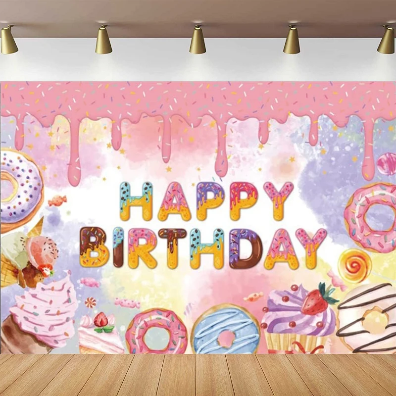 

Photography Backdrop Sweet Candy Doughnut Birthday Party Background Banner Donuts Themed Banner Decoration For Baby Girls Poster