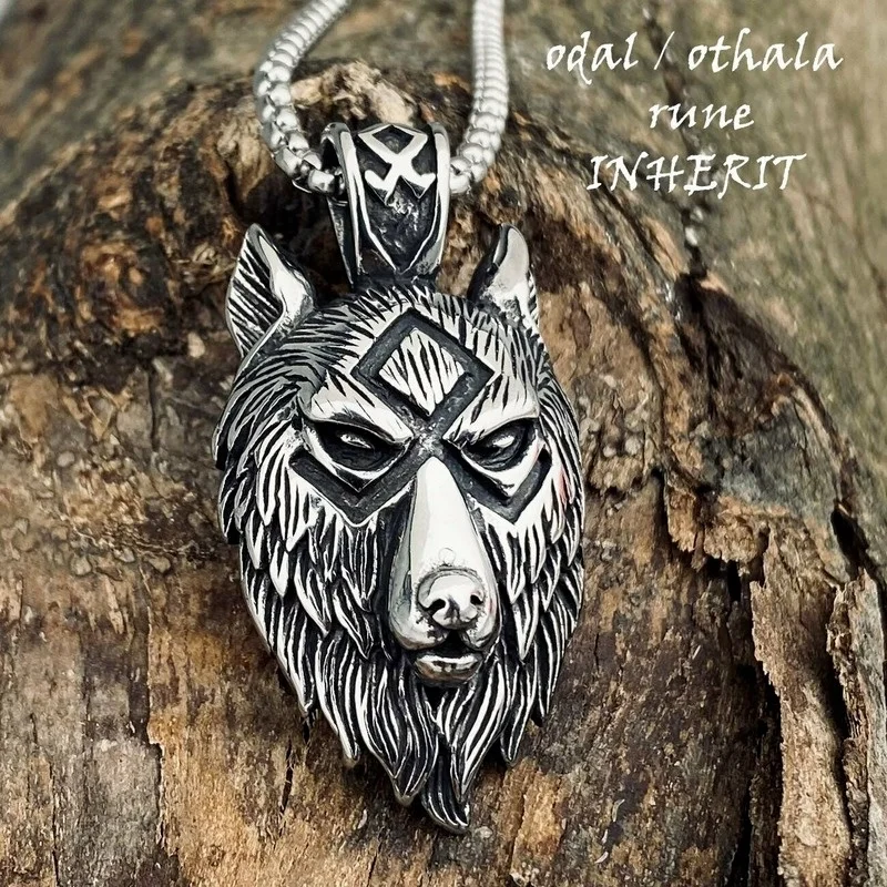 

Vintage Men's Viking Rune Wolf Head Zinc Alloy Pendant Necklace