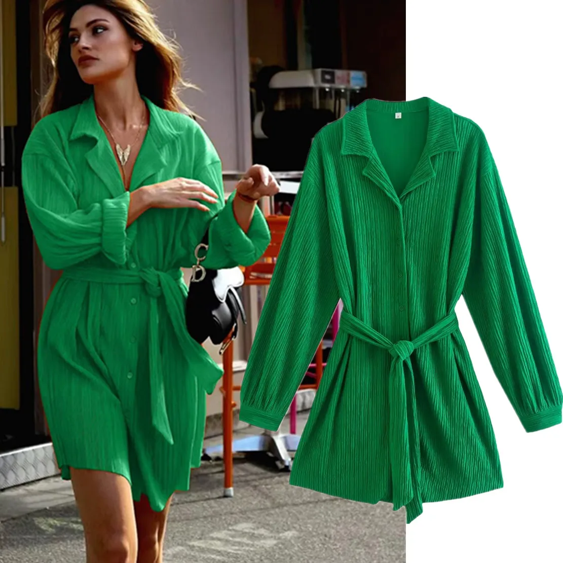 

Elmsk Ins Blogger Long Sleeve Party Dress Women Fashion Pleated Texture Green Color Sashes Shirt Dress