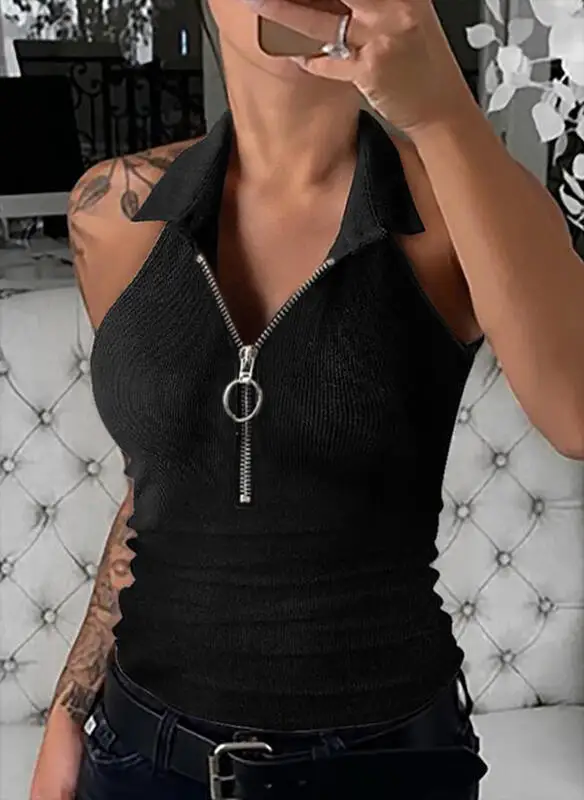 

2023 New Spring Summer Pit Stripe Polo Collar Zipper Tank Top Fashion Casual T-shirt Shirts and Blouses Female clothing Y2k Tee