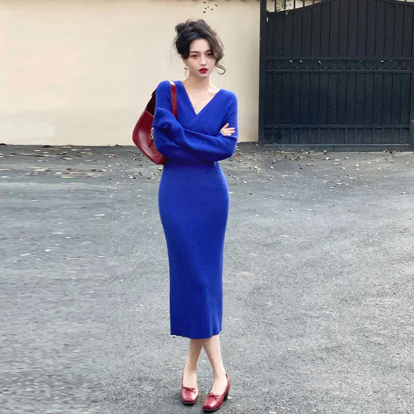 

Женское длинное трикотажное платье, офисное повседневное однотонное платье-футляр до середины икры с V-образным вырезом, весна 2022