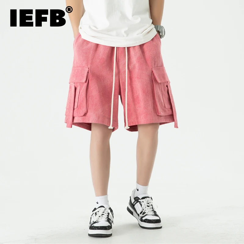 

IEFB Men's Trend Overalls Shorts Summer New Loose Straight Barrel Workwear Casual Short Pants Solid Color Mulit Pocket 9C1017