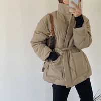 winter thickened diamond check cotton padded jacket single breasted zipper tie up parka coat stand up collar female jacket