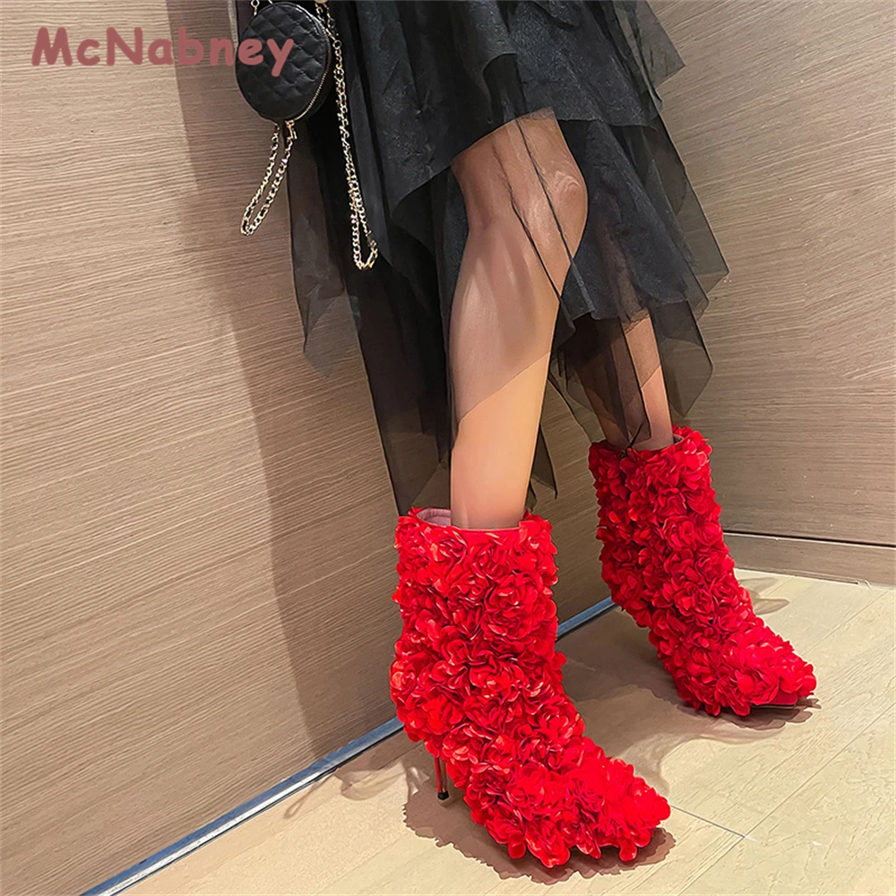 New Style Sexy High Heels Ankle Boots Women Stiletto Boots Autumn Winter Wedding Shoes Red Rose Flower Female Pointed Toe Boots