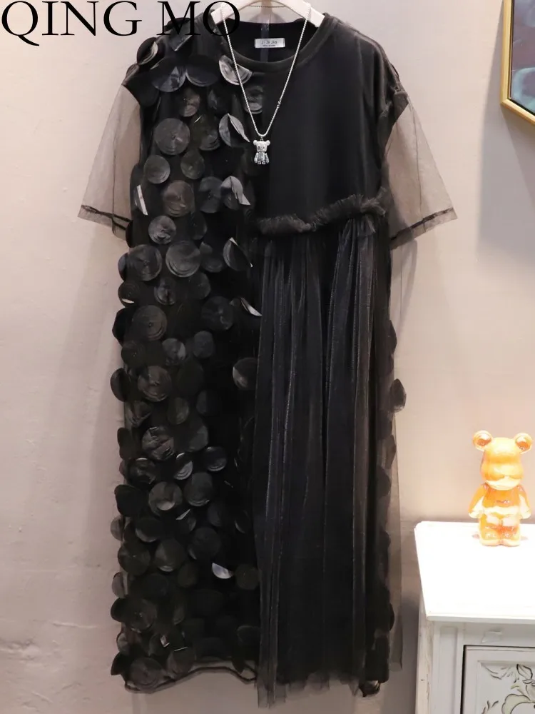 

QING MO 2023 Summer New Wave Dot Mesh Splice Irregular Mid Length Short Sleeve Women Dress Loose Large Size Black Yellow ZXF2393