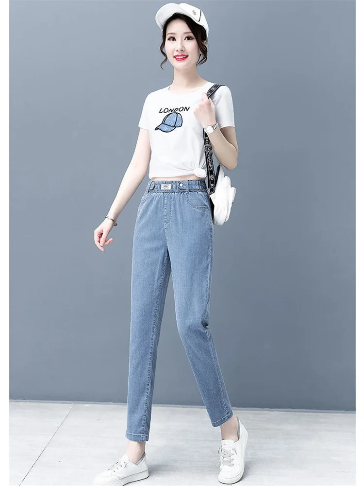 Jeans Women Summer 2022 New Fashion Ice Silk High Waist Slim Light Blue 90% Length Elastic Harem Pants Feminina With Pockets