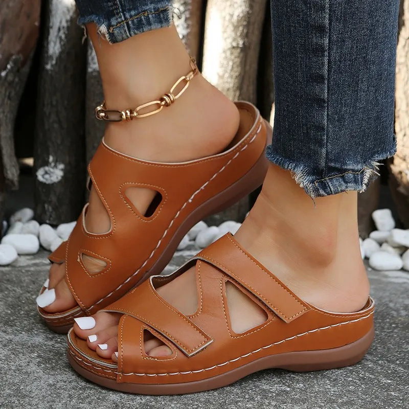 

2023 Summer Women Wedge Sandals Open Toe Vintage Anti Slip Leather Casual Platform Retro Shoes Slippers Zapatos De Mujer1